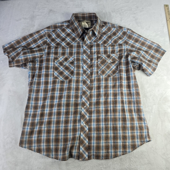 Wrangler Pearl Snap Button Up Short Sleeve Western Plaid Shirt Brown Blue - Picture 1 of 7